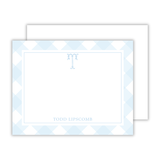 personalized notecard with blue gingham background and preppy initial, ShooFly Paper Co. Auburn, Alabama