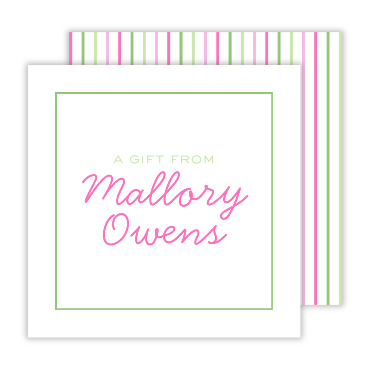 personalized square gift tag with pink & green colors and striped background, ShooFly Paper Co. Auburn, Alabama