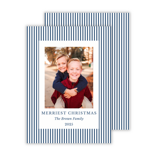 minimalist photo christmas card with simple preppy stripe in blue, ShooFly Paper Co. Auburn, Alabama