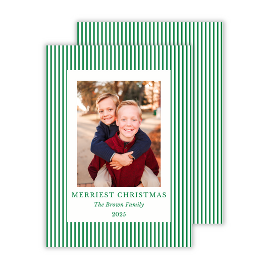 minimalist photo christmas card with simple preppy stripe in green, ShooFly Paper Co. Auburn, Alabama