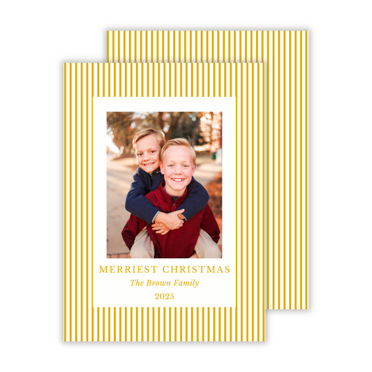 minimalist photo christmas card with simple preppy stripe in mustard yellow, ShooFly Paper Co. Auburn, Alabama