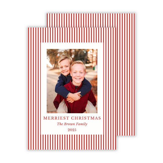 photo christmas card with preppy stripe background and simple Merry Christmas greeting, ShooFly Paper Co. Auburn, Alabama