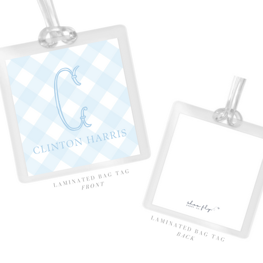 laminated bag tag with blue preppy check pattern & initial & name, ShooFly Paper Co. Auburn, AL