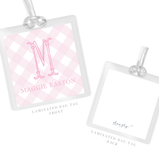 laminated bag tag with pink preppy check pattern & initial & name; ShooFly Paper Co. Auburn, AL