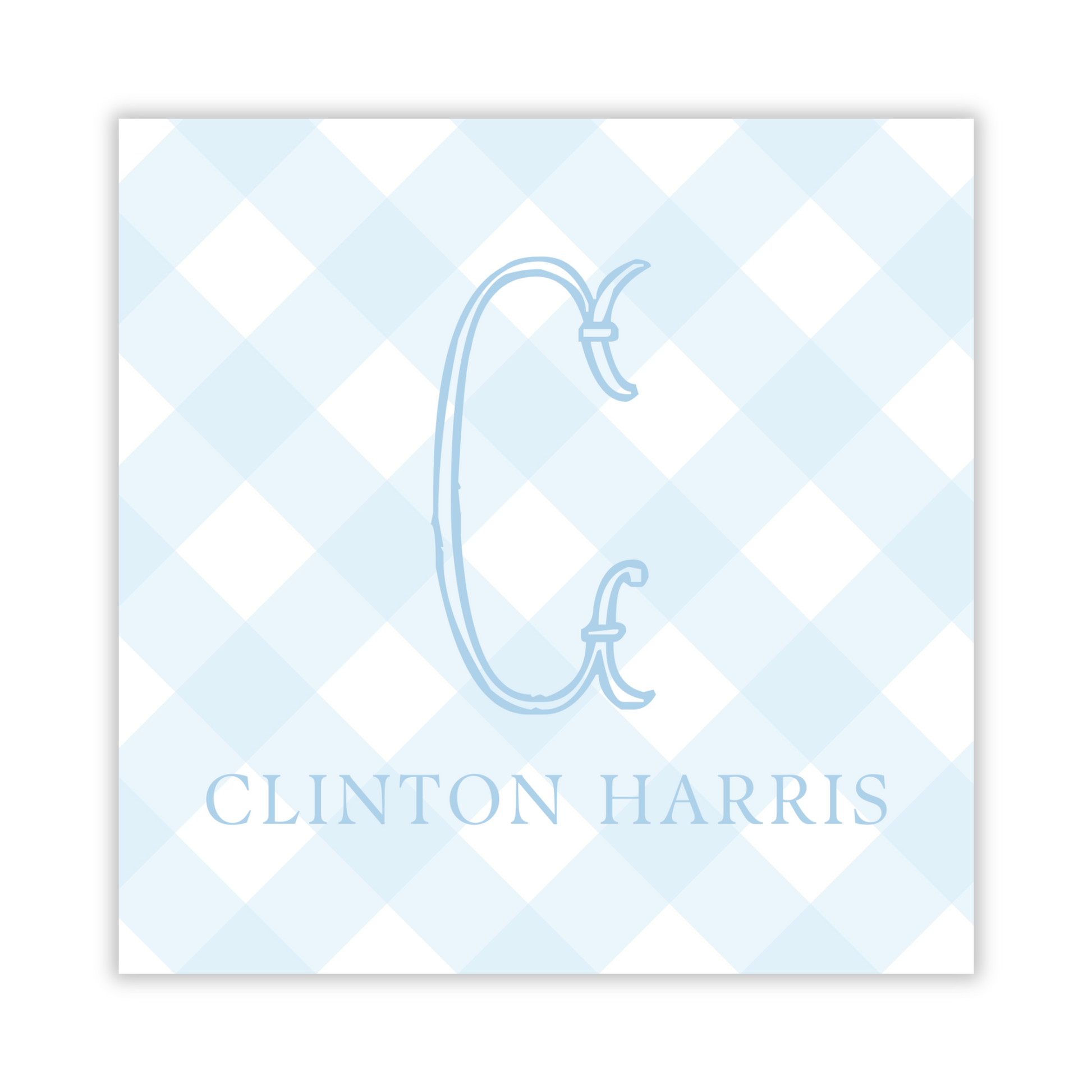 adorable gift tag with blue check background, fishtail single initial, and name, ShooFly Paper Co. Auburn, Alabama