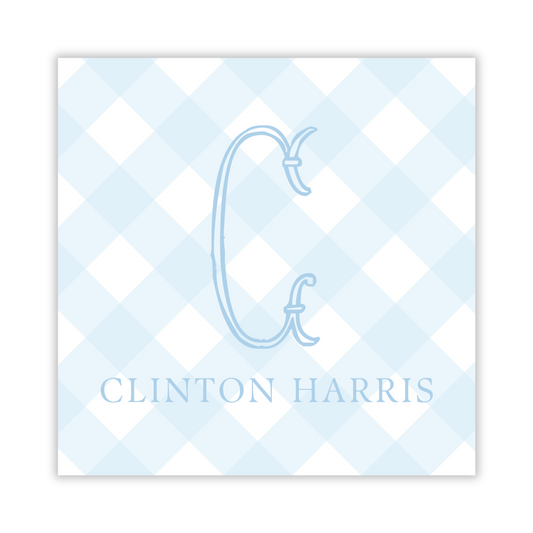 adorable gift tag with blue check background, fishtail single initial, and name, ShooFly Paper Co. Auburn, Alabama
