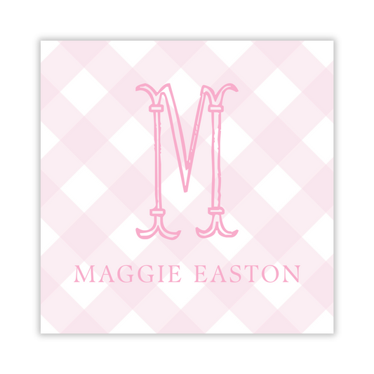 adorable gift tag with pink check background, fishtail single initial, and name, ShooFly Paper Co. Auburn, Alabama
