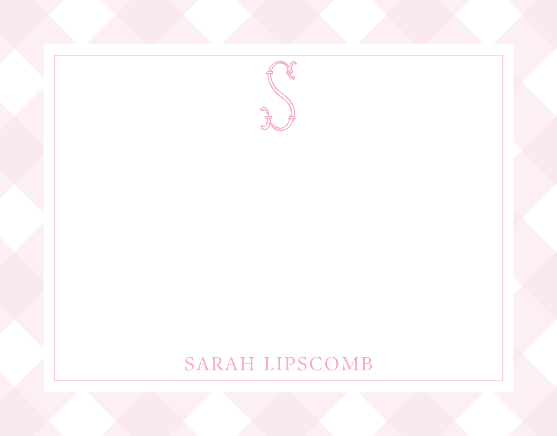 cute notecard set with pink check background and ornate initial and name, shoofly paper co.