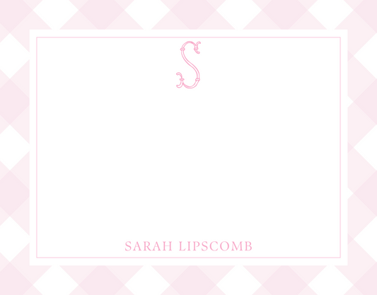 cute notecard set with pink check background and ornate initial and name, shoofly paper co.
