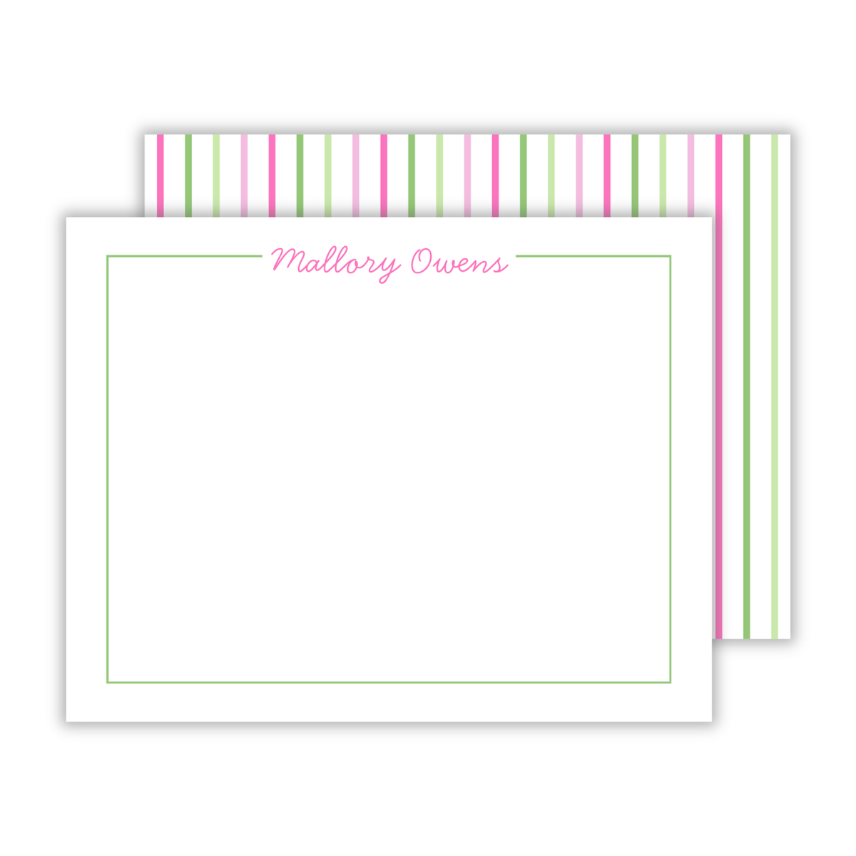 personalized stationery set with bright pink and green striped background, ShooFly Paper Co. Auburn, Alabama
