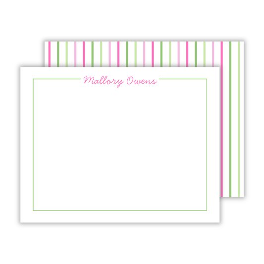 personalized stationery set with bright pink and green striped background, ShooFly Paper Co. Auburn, Alabama