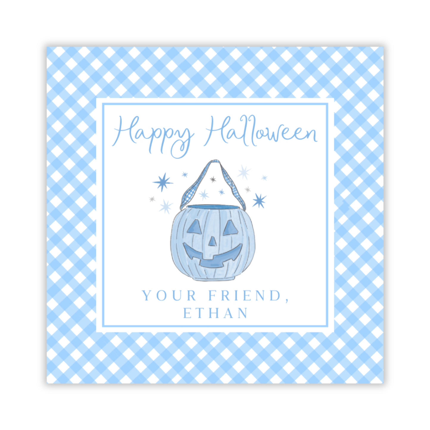 personalized Halloween treat tag with blue jack-o-lantern treat bucket, ShooFly Paper Co. Auburn, Alabama