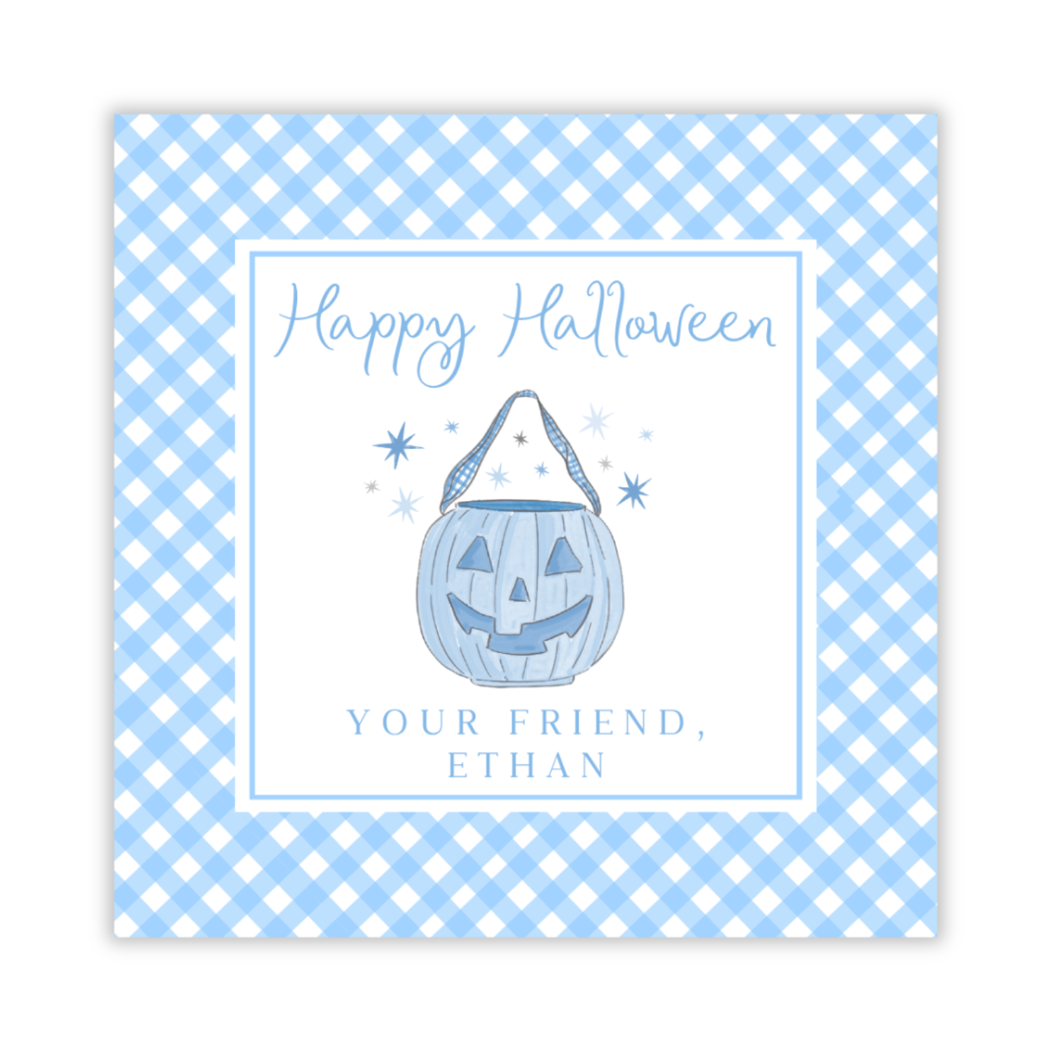 personalized Halloween treat tag with blue jack-o-lantern treat bucket, ShooFly Paper Co. Auburn, Alabama