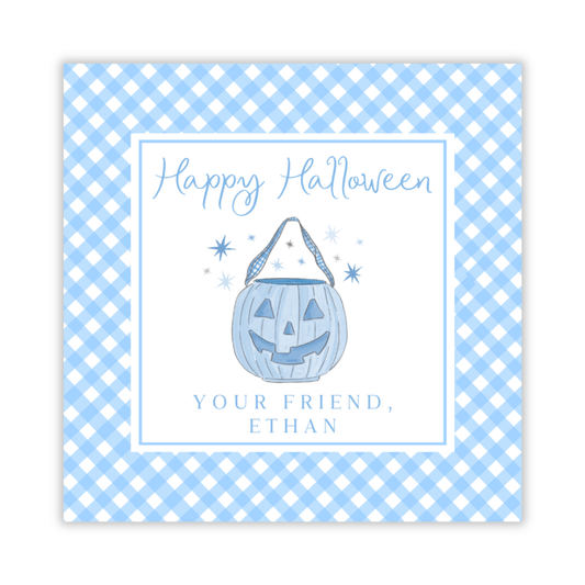 personalized Halloween treat tag with blue jack-o-lantern treat bucket, ShooFly Paper Co. Auburn, Alabama
