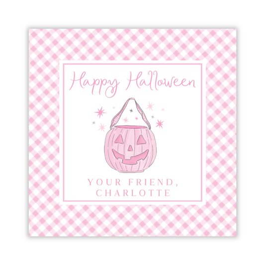 personalized Halloween treat tag with pink jack-o-lantern treat bucket, ShooFly Paper Co. Auburn, Alabama