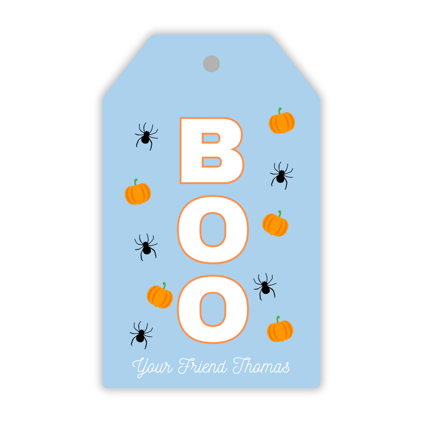 blue gift tag with spiders & pumpkins, ShooFly Paper Co. Auburn, Alabama