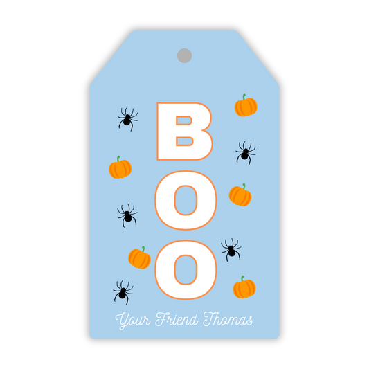 blue gift tag with spiders & pumpkins, ShooFly Paper Co. Auburn, Alabama