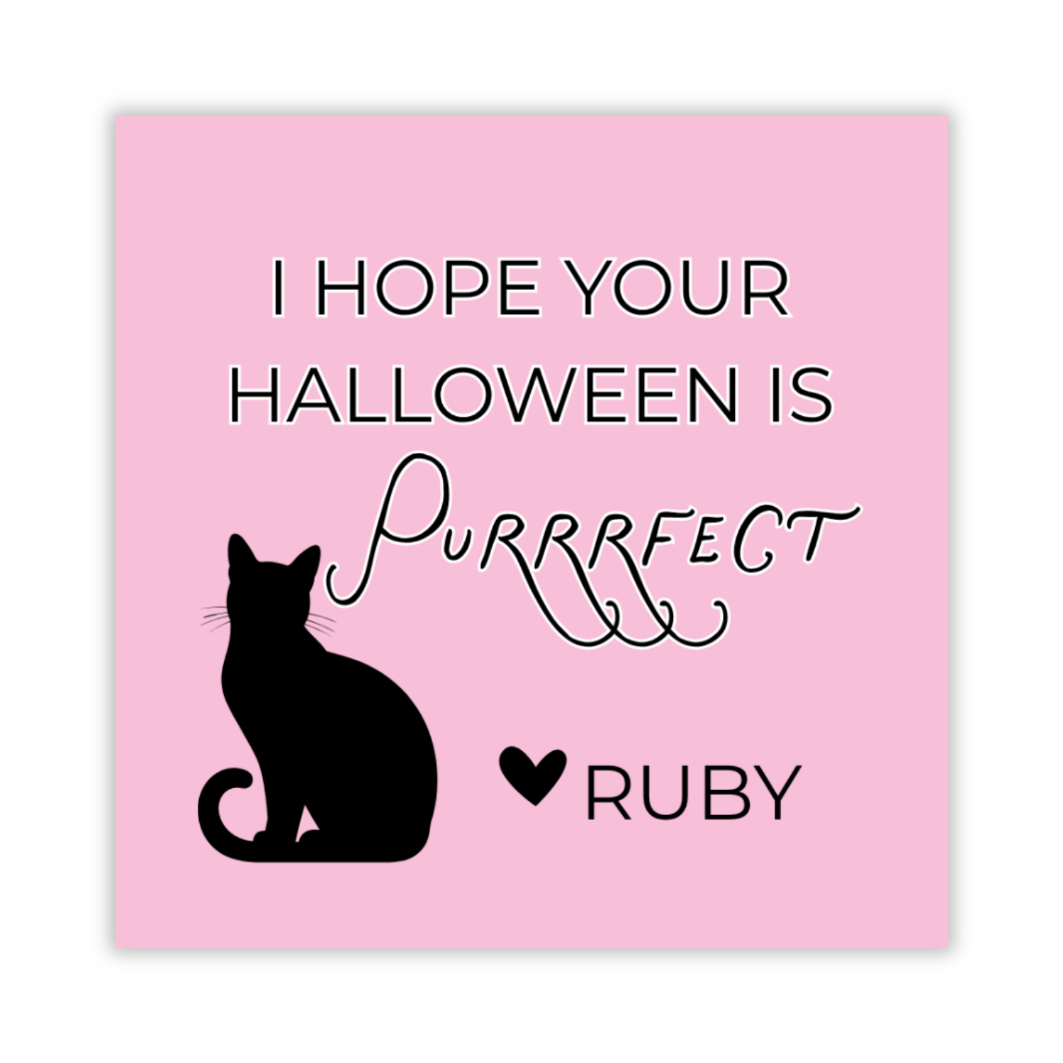 personalized Halloween gift tag with pink background, black cat silhouette, and "purrrfect" halloween, ShooFly Paper Co. Auburn, Alabama