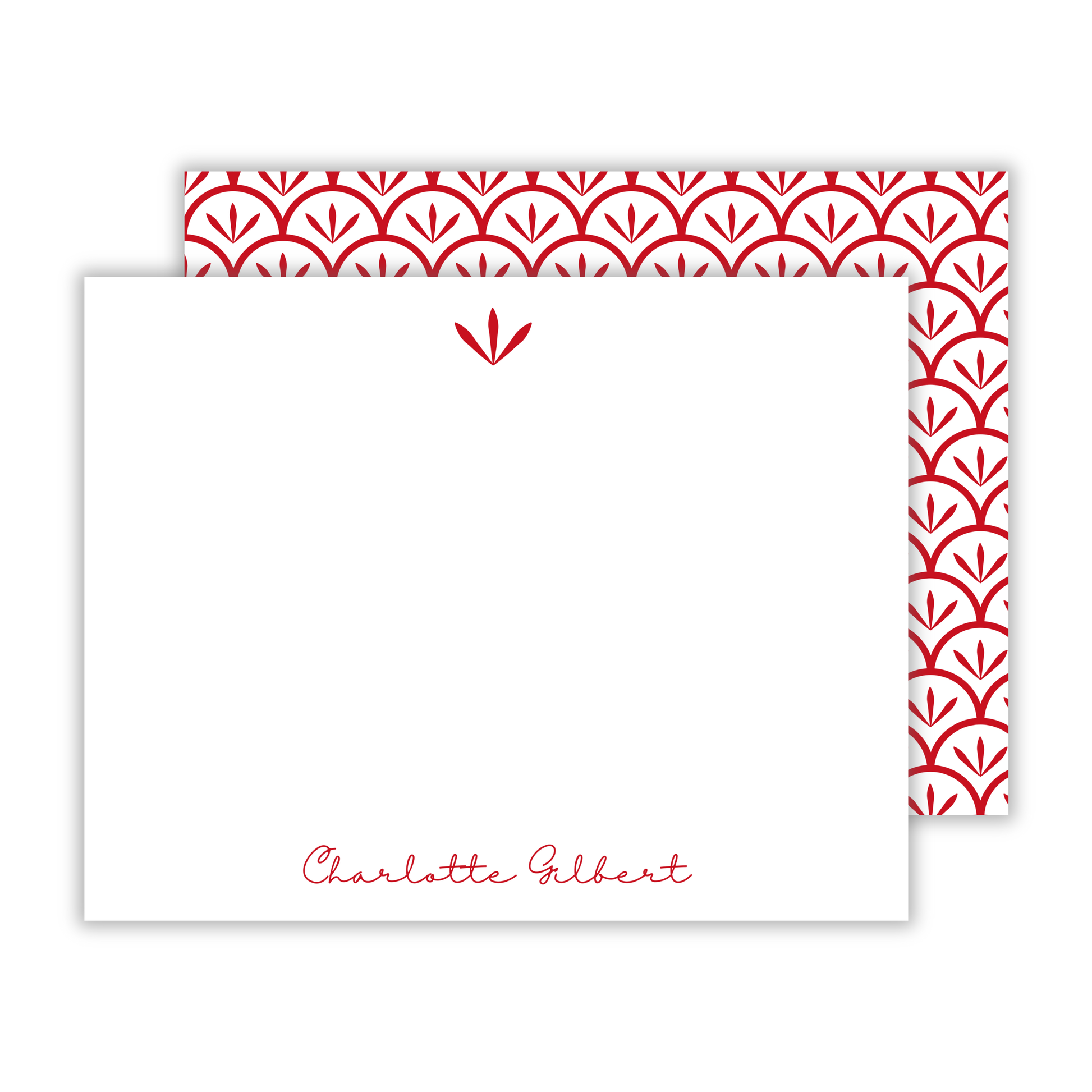 personalized notecard set with red scallop pattern, ShooFly Paper Co. Auburn, Alabama