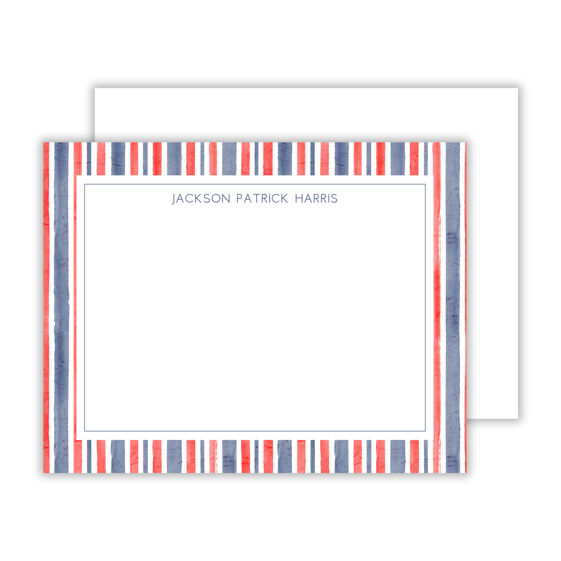personalized notecard set with red white & blue watercolor stripe and simple block font name, ShooFly Paper Co. Auburn, Alabama