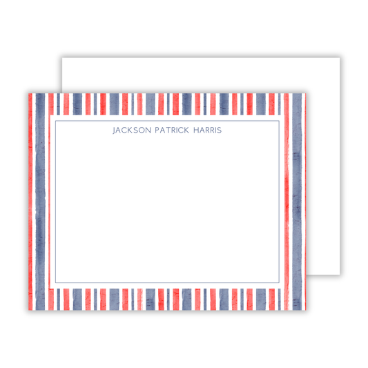 personalized notecard set with red white & blue watercolor stripe and simple block font name, ShooFly Paper Co. Auburn, Alabama
