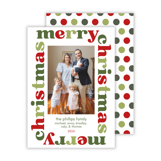 festive christmas card with red and green lettering and polka dot background, ShooFly Paper Co. Auburn, Alabama