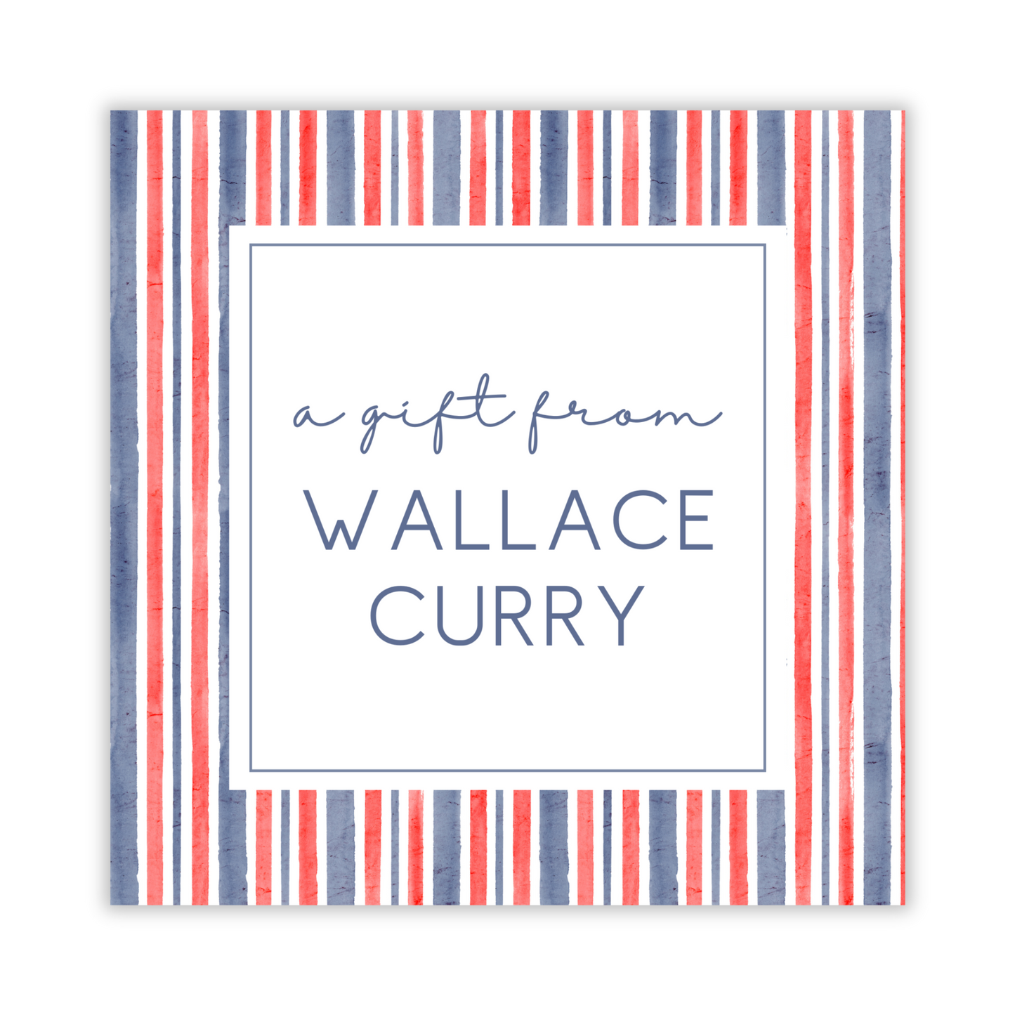 square gift tag with red, white, & blue stripes and personalization, ShooFly Paper Co. Auburn, Alabama