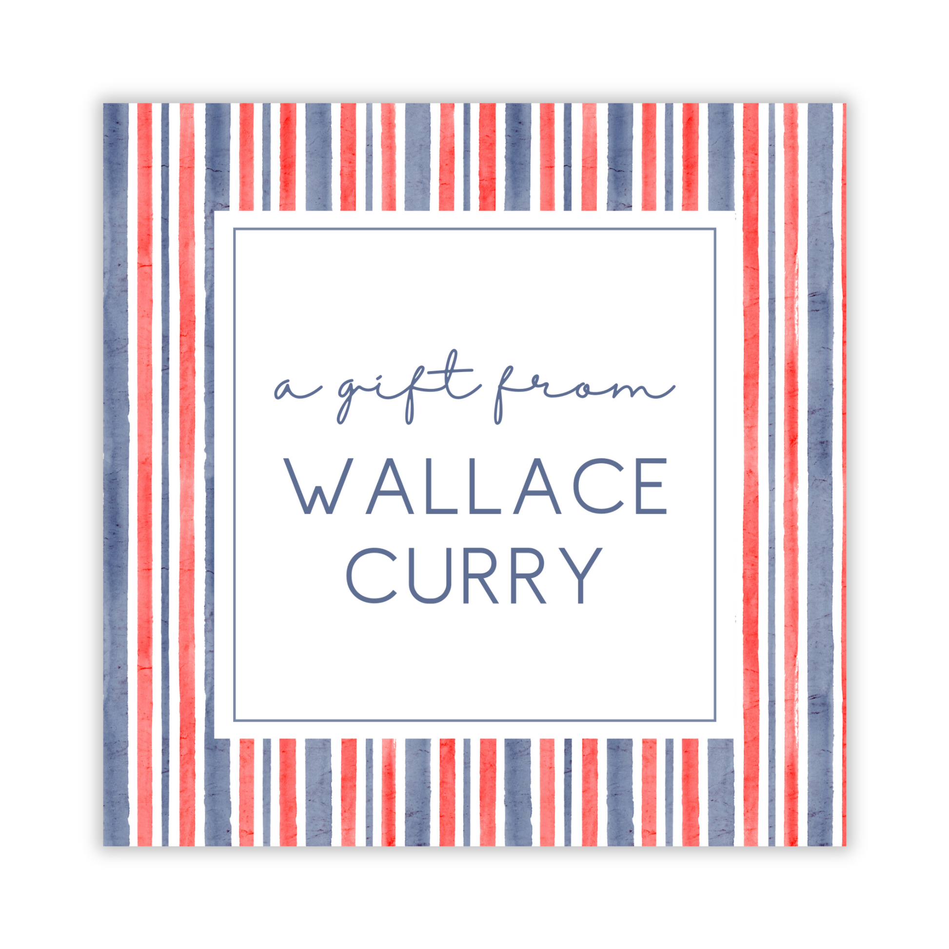 square gift tag with red, white, & blue stripes and personalization, ShooFly Paper Co. Auburn, Alabama