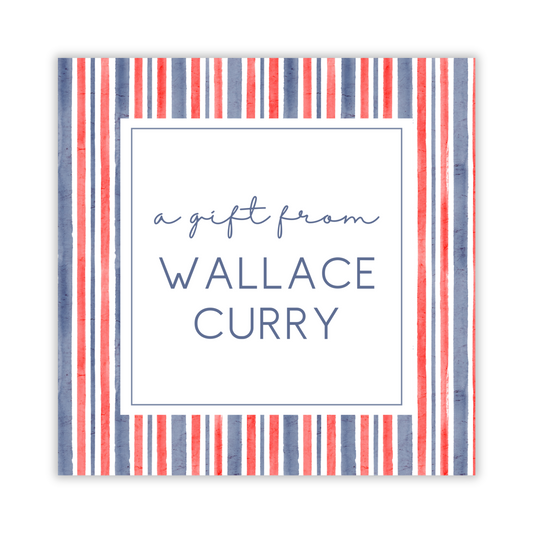square gift tag with red, white, & blue stripes and personalization, ShooFly Paper Co. Auburn, Alabama