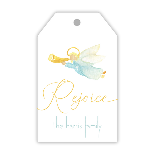 personalized christmas gift tag with watercolor angel and "rejoice" in script, ShooFly Paper Co. Auburn, Alabama