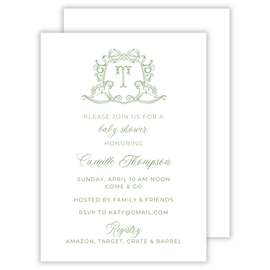 classic baby shower invitation with rocking horse crest, ShooFly Paper Co. Auburn, Alabama