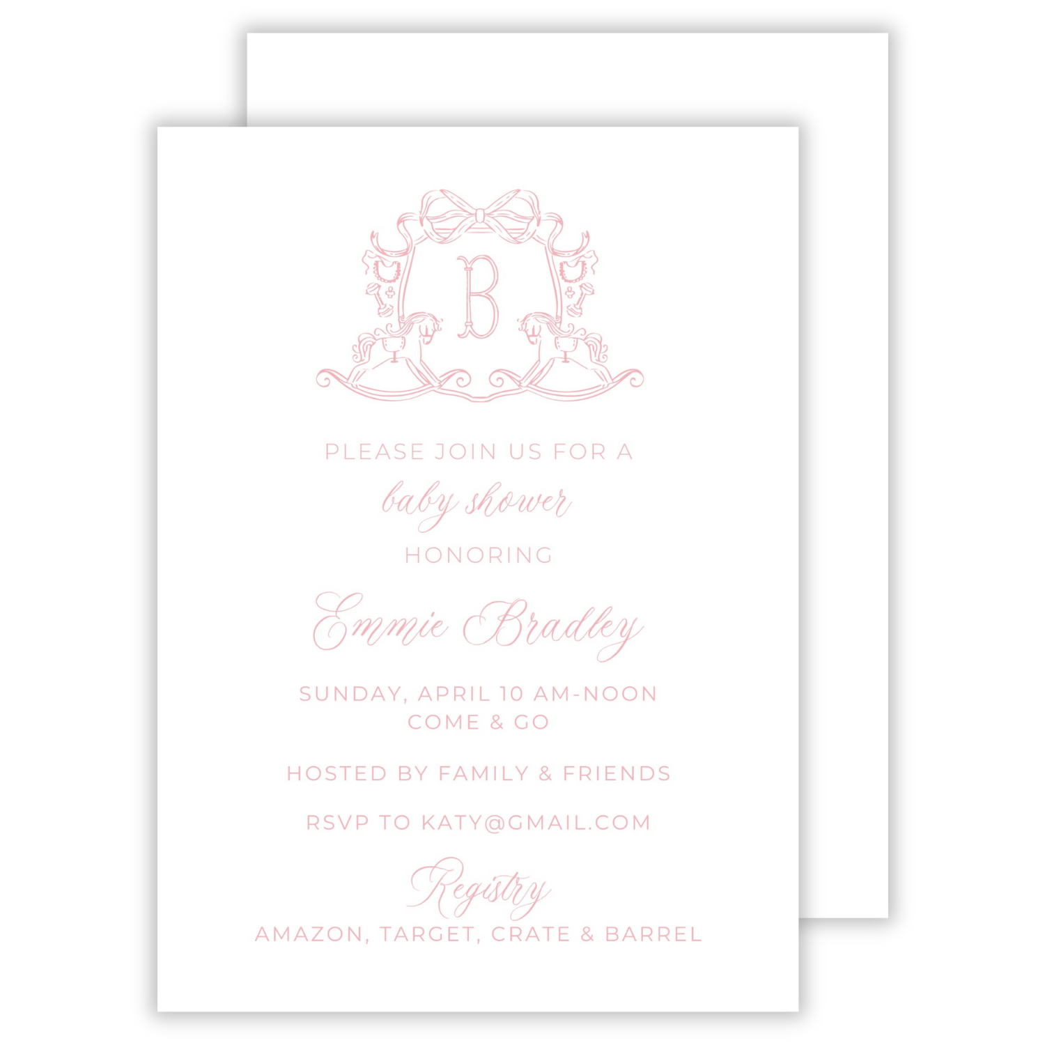 classic baby shower invitation with rocking horse crest, ShooFly Paper Co. Auburn, Alabama