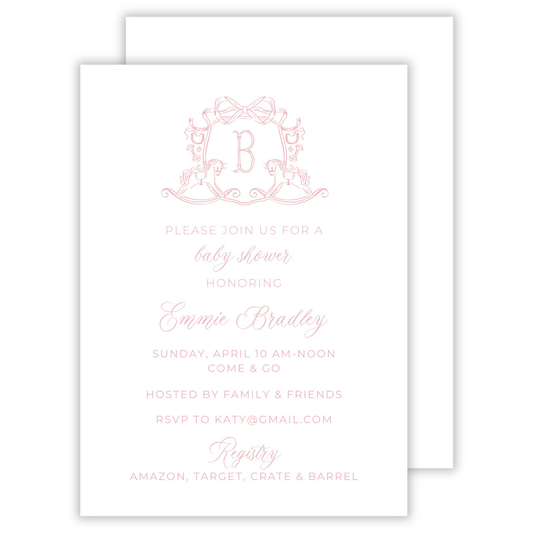 classic baby shower invitation with rocking horse crest, ShooFly Paper Co. Auburn, Alabama