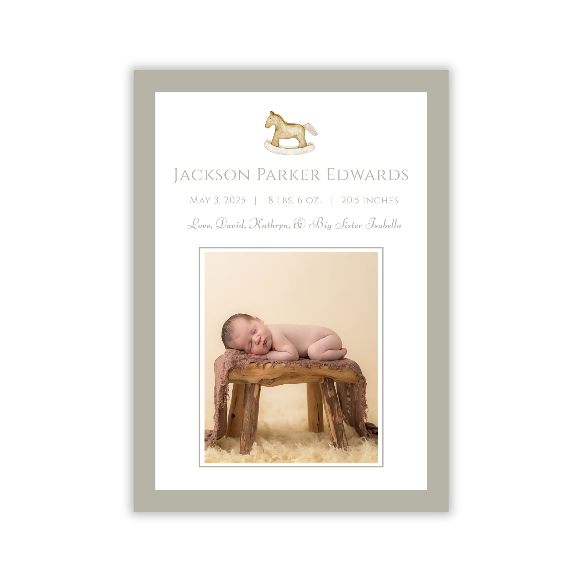 gender neutral birth announcement with light brown border and watercolor rocking horse, ShooFly Paper Co. Auburn, Alabama