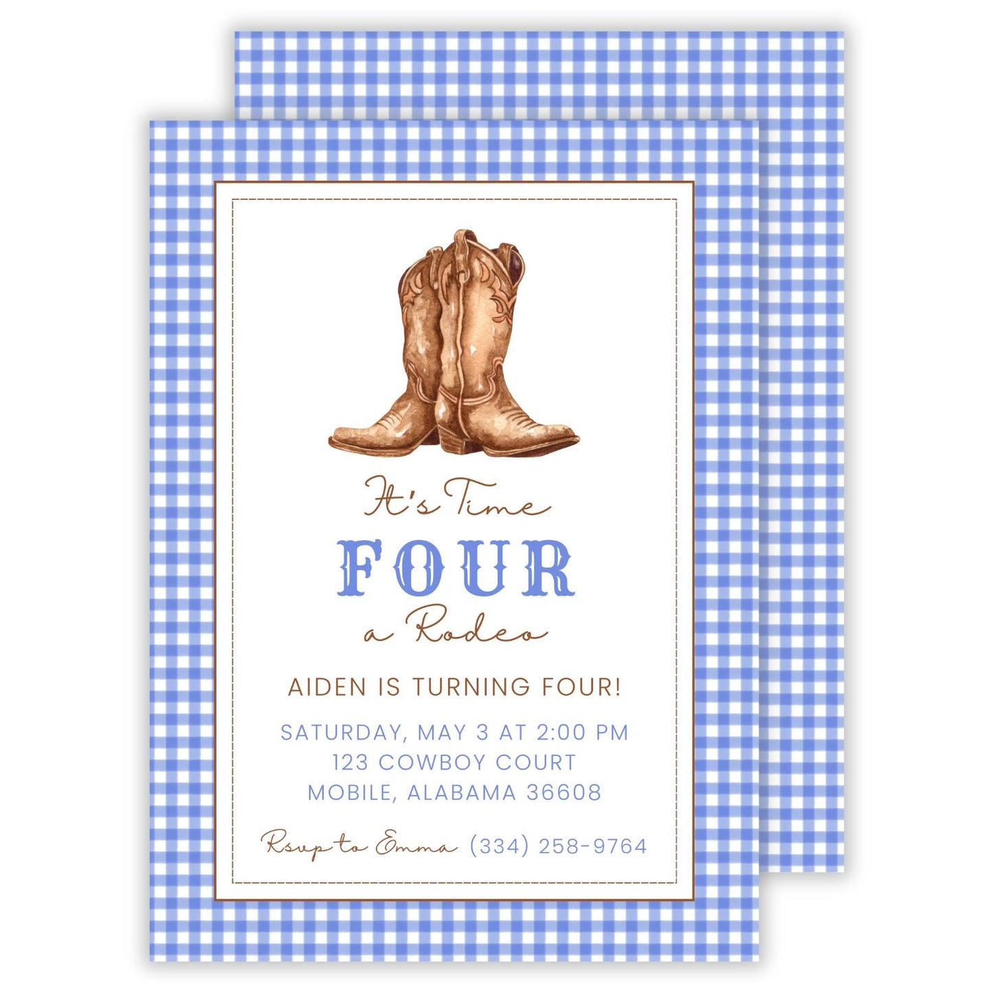 rodeo-themed birthday party invitation with cowboy boots and blue and white gingham, ShooFly Paper Co. Auburn, Alabama