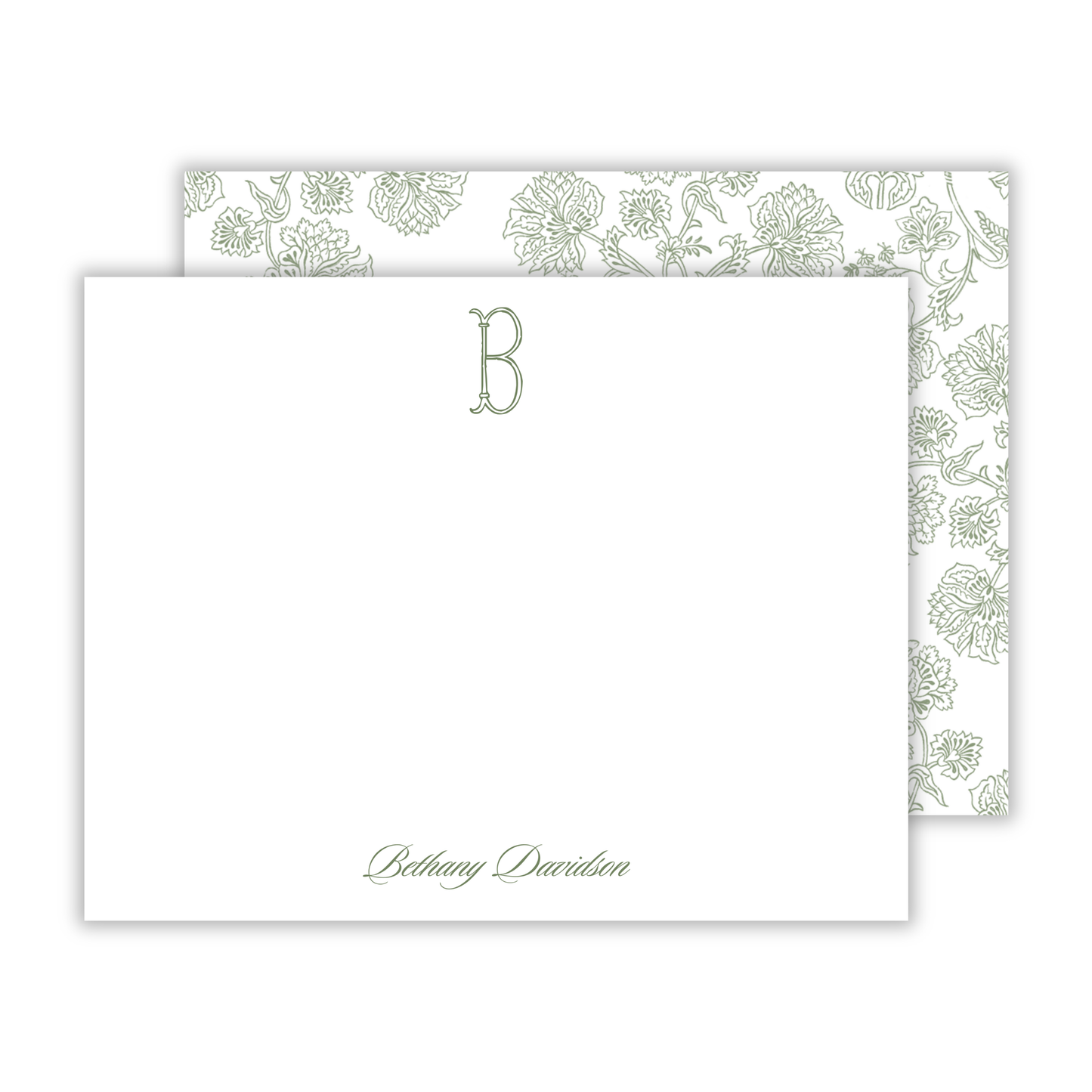 notecard with single initial and script name, shoofly paper co.