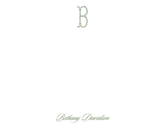 notecard with single initial and script name, shoofly paper co.