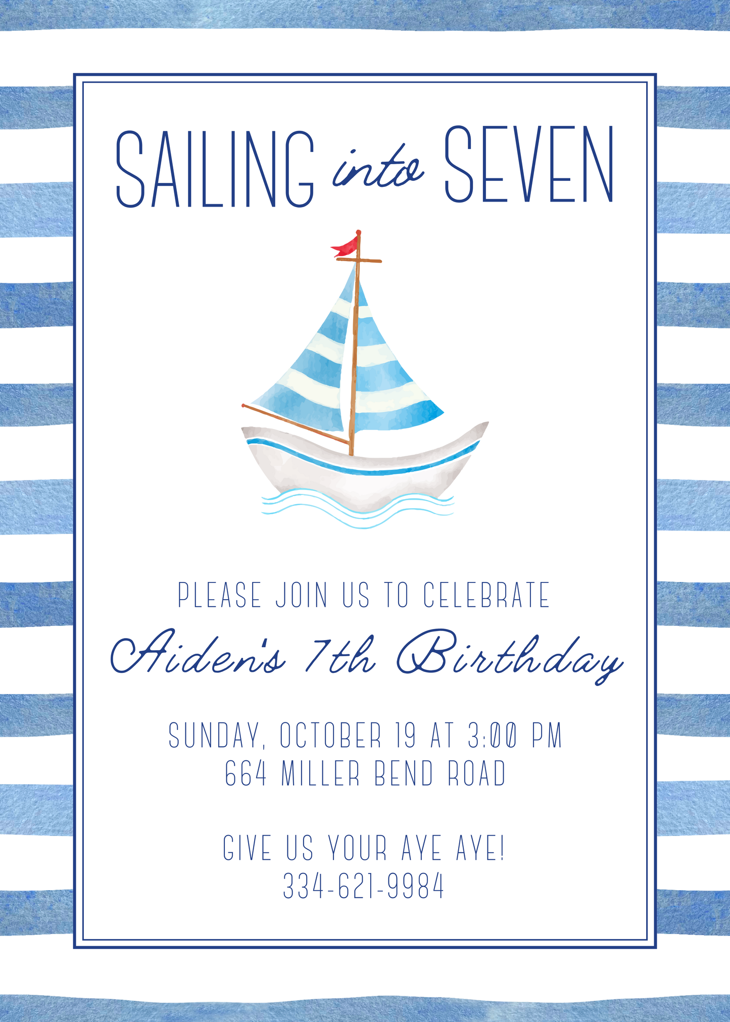 nautical stripe invitation for sailboat theme birthday party, ShooFly Paper Co. Auburn, Alabama