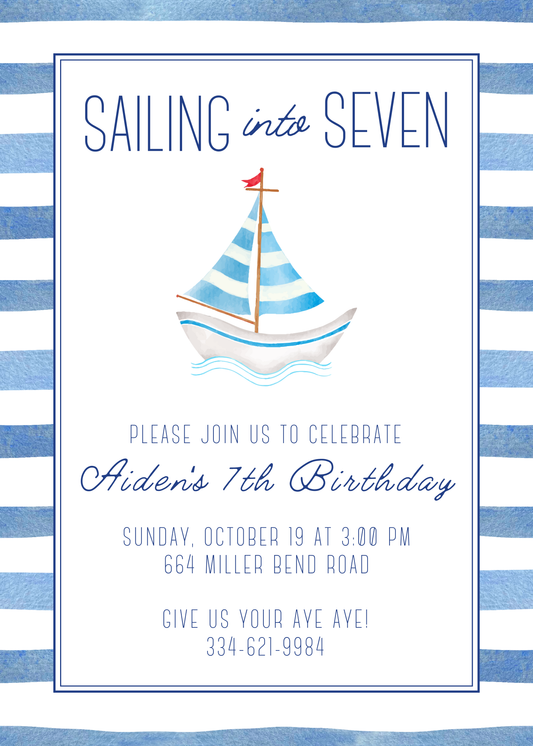 nautical stripe invitation for sailboat theme birthday party, ShooFly Paper Co. Auburn, Alabama