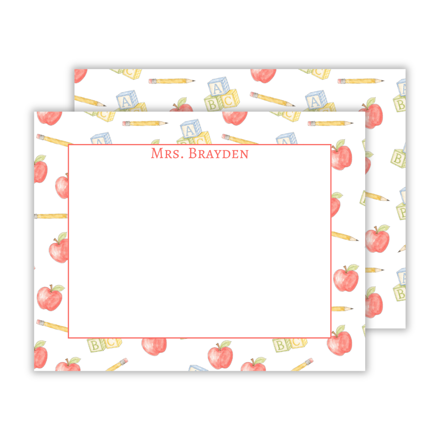 personalized notecard with with watercolor school theme, ShooFly Paper Co. Auburn, Alabama