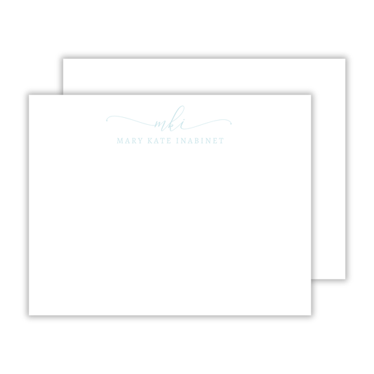 personalized notecard set with elegant script initials and serif font name in light blue, ShooFly Paper Co. Auburn, Alabama