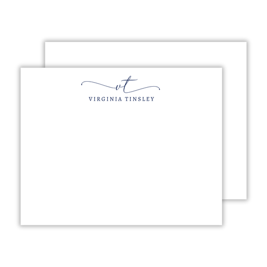 personalized notecard set with fancy script initials with tails and serif font name, ShooFly Paper Co. Auburn, Alabama