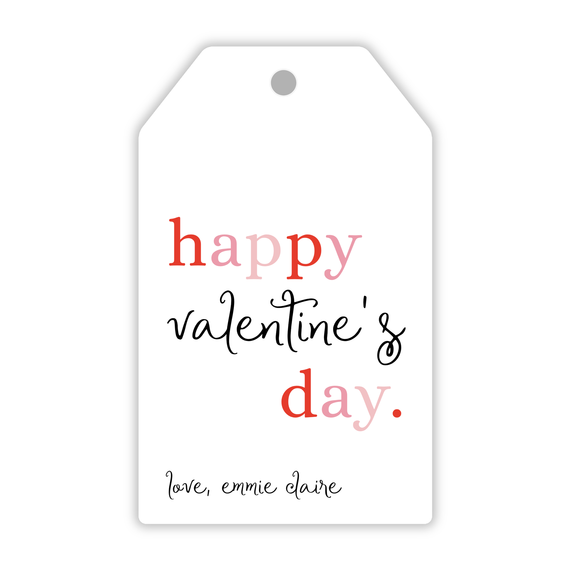 personalized valentines gift tag with pinks and red lettering with black script font, ShooFly Paper Co. Auburn, Alabama