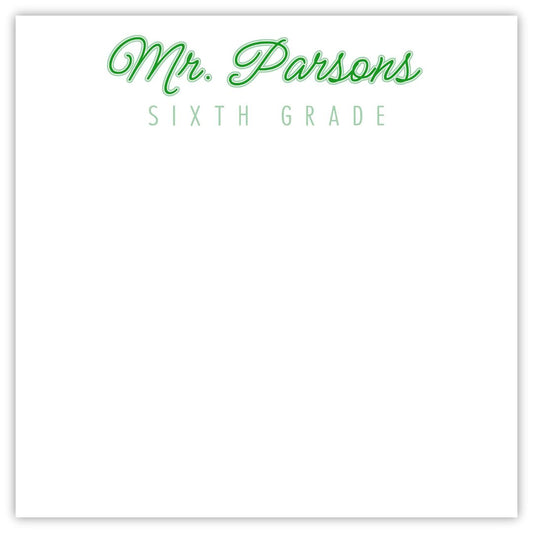 personalized notepad for teacher with name in script font and grade in a block sans serif font, ShooFly Paper Co. Auburn, Alabama