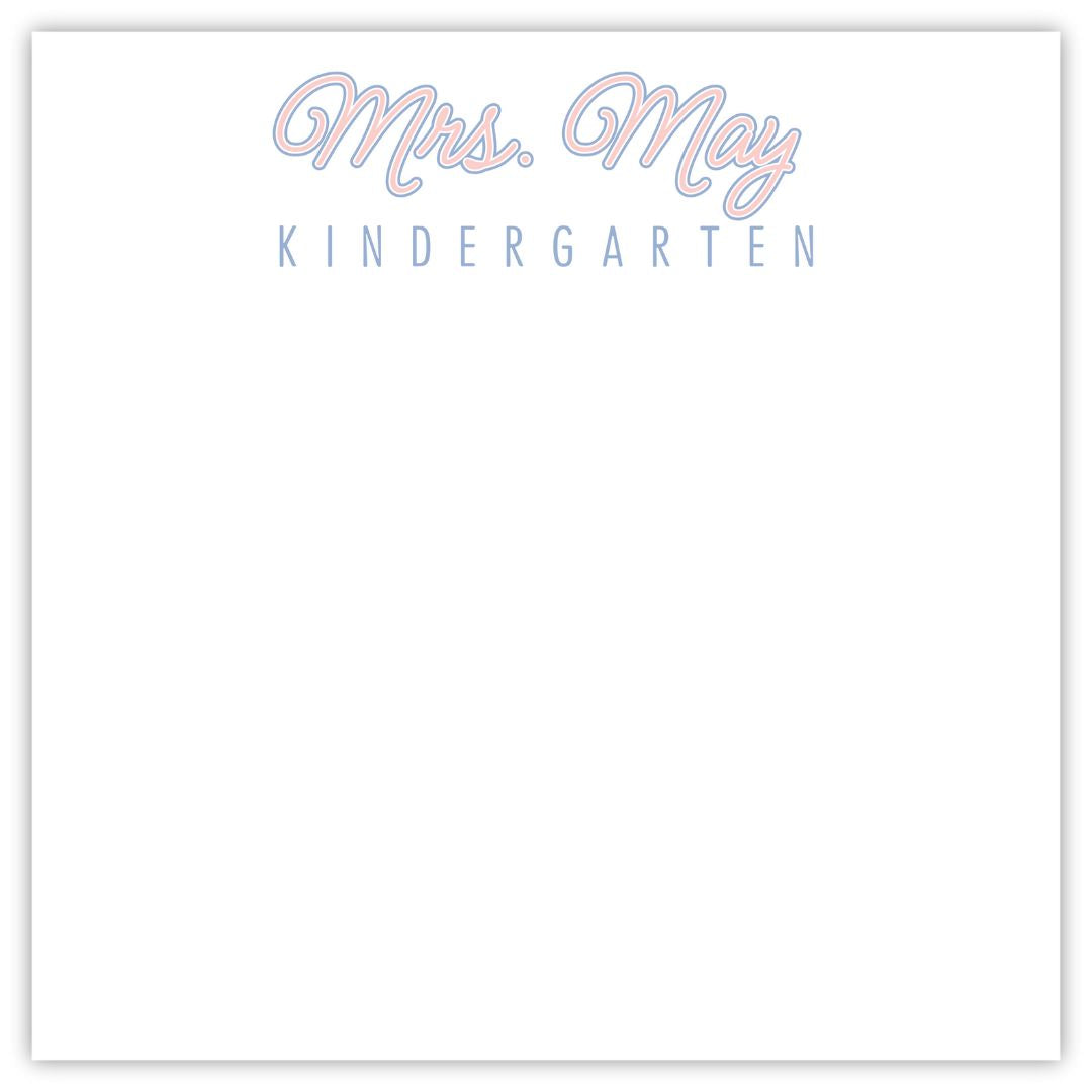 personalized notepad for teacher with name in script font and grade in a block sans serif font, ShooFly Paper Co. Auburn, Alabama