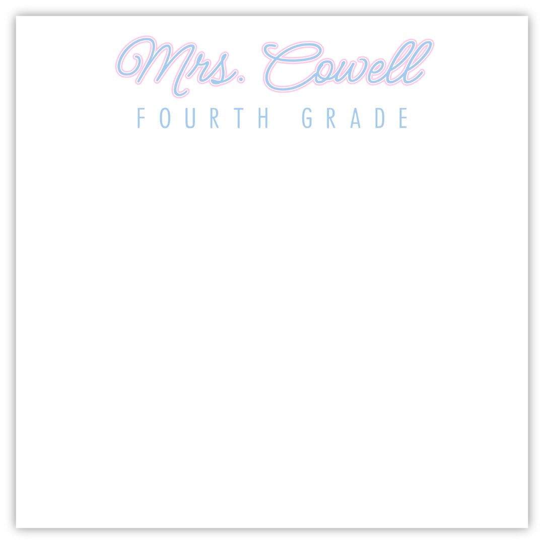 personalized notepad for teacher with name in script font and grade in a block sans serif font, ShooFly Paper Co. Auburn, Alabama