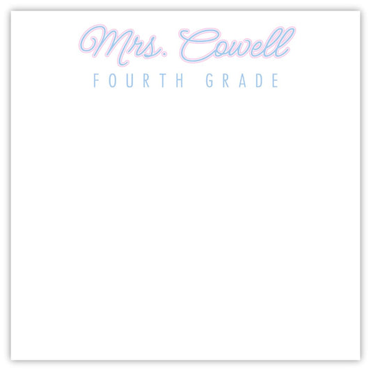 personalized notepad for teacher with name in script font and grade in a block sans serif font, ShooFly Paper Co. Auburn, Alabama