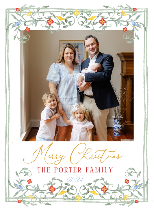 elegant Christmas card with floral garden border, ShooFly Paper Co. Auburn, Alabama