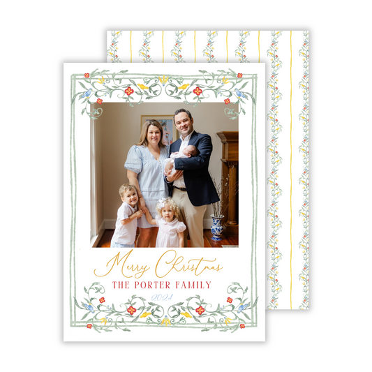 photo christmas card with floral garden border pattern, ShooFly Paper Co. Auburn, Alabama