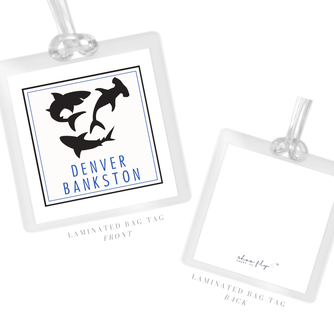 personalized laminated bag tag with shark design, ShooFly Paper Co. Auburn, Alabama